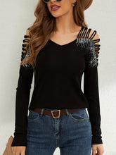 Rhinestone Cutout Long Sleeve T-Shirt Black OutfitFlow